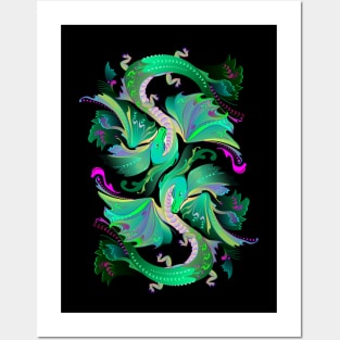 Couple green dancing dragons Posters and Art